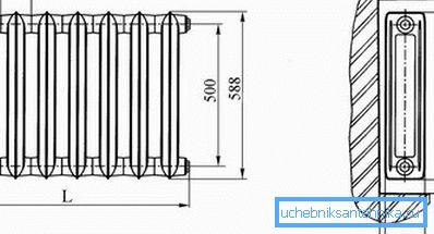 Dessin d'un radiateur standard en fonte avec dimensions Dessin d'un radiateur standard en fonte avec dimensions