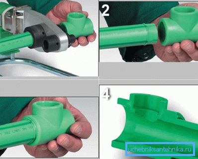 Les étapes de soudage PP: 1) chauffer le tuyau et le raccord avec un fer à souder électrique; 2, 3) l'accostage; 4) bonne section de soudure Les étapes de soudage PP: 1) chauffer le tuyau et le raccord avec un fer à souder électrique; 2, 3) l'accostage; 4) bonne section de soudure