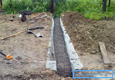 Photo d'une tranchée menant à une fosse septique partiellement remplie de drainage Photo d'une tranchée menant à une fosse septique partiellement remplie de drainage