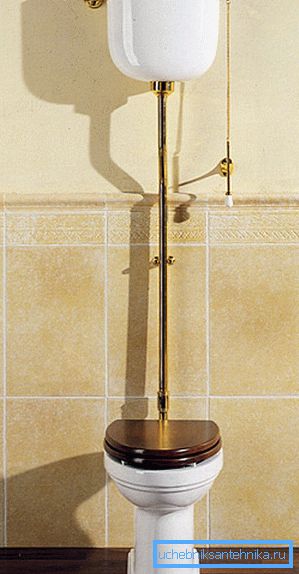 Photo d'une cuvette de toilette avec un réservoir suspendu au tuyau Photo d'une cuvette de toilette avec un réservoir suspendu au tuyau