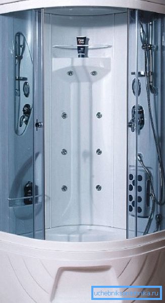 Cabine de douche fermée multifonctions équipée d'un système d'hydromassage.