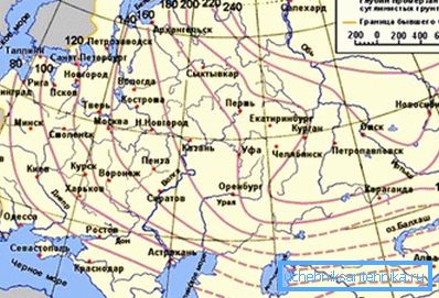 La carte montre les valeurs de profondeur de gel pour différentes régions de l'espace post-soviétique (les valeurs intermédiaires sont déterminées par interpolation) La carte montre les valeurs de profondeur de gel pour différentes régions de l'espace post-soviétique (les valeurs intermédiaires sont déterminées par interpolation)
