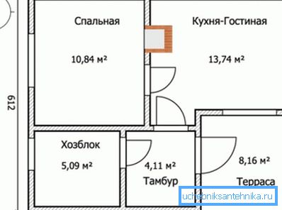 Le projet avec l'emplacement de la structure de chauffage entre le salon et la chambre. Le projet avec l'emplacement de la structure de chauffage entre le salon et la chambre.