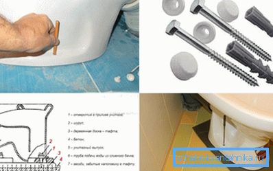 Types de fixation d'une cuvette de toilette au sol - sur des chevilles, du taffetas et de la colle Types de fixation d'une cuvette de toilette au sol - sur des chevilles, du taffetas et de la colle